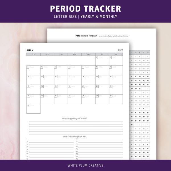 Period Tracker. Letter Size. Yearly & Monthly.
